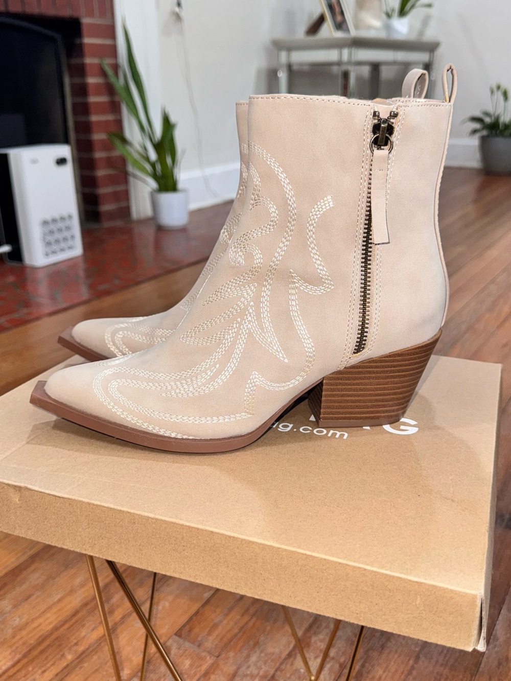 Cream Western-Inspired Ankle Booties with Side Zip